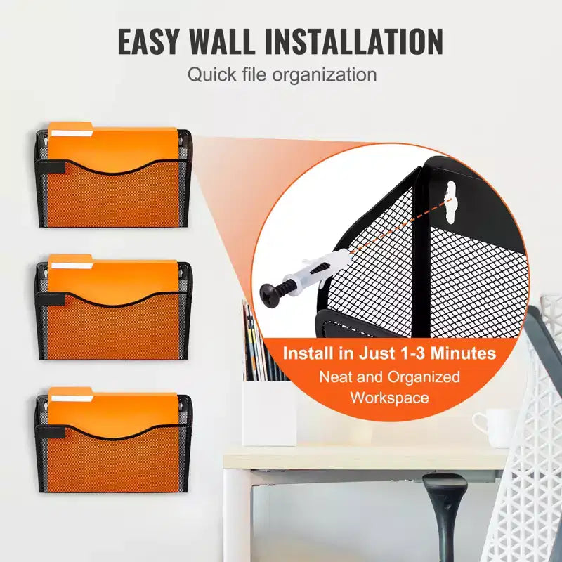 VEVOR File Wall Rack, Three-Piece 1 Pocket Mesh Wall File Holder, Wall Mounted Magazine Mail Paper & Document Storage Folder, Black