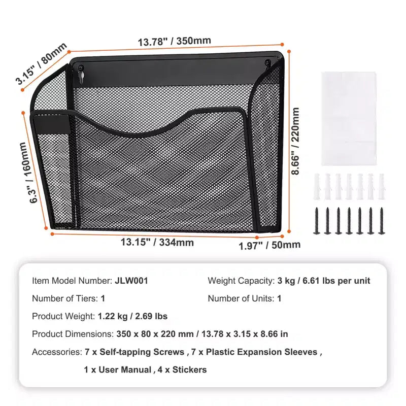 VEVOR File Wall Rack, Three-Piece 1 Pocket Mesh Wall File Holder, Wall Mounted Magazine Mail Paper & Document Storage Folder, Black