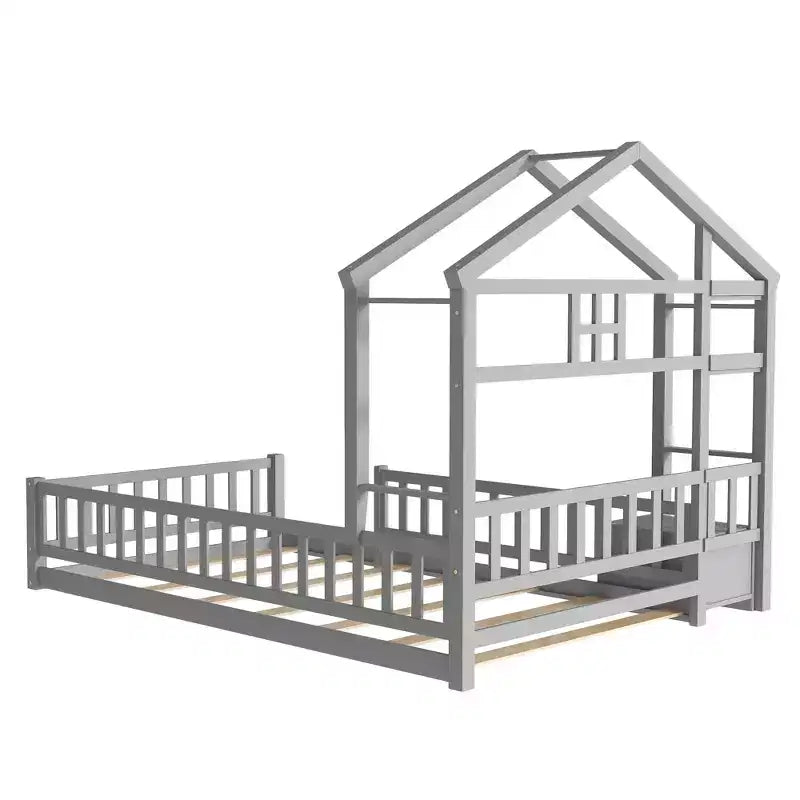 MAYEERTY Twin House Shape Headboard Floor Bed with Guardrails Gray