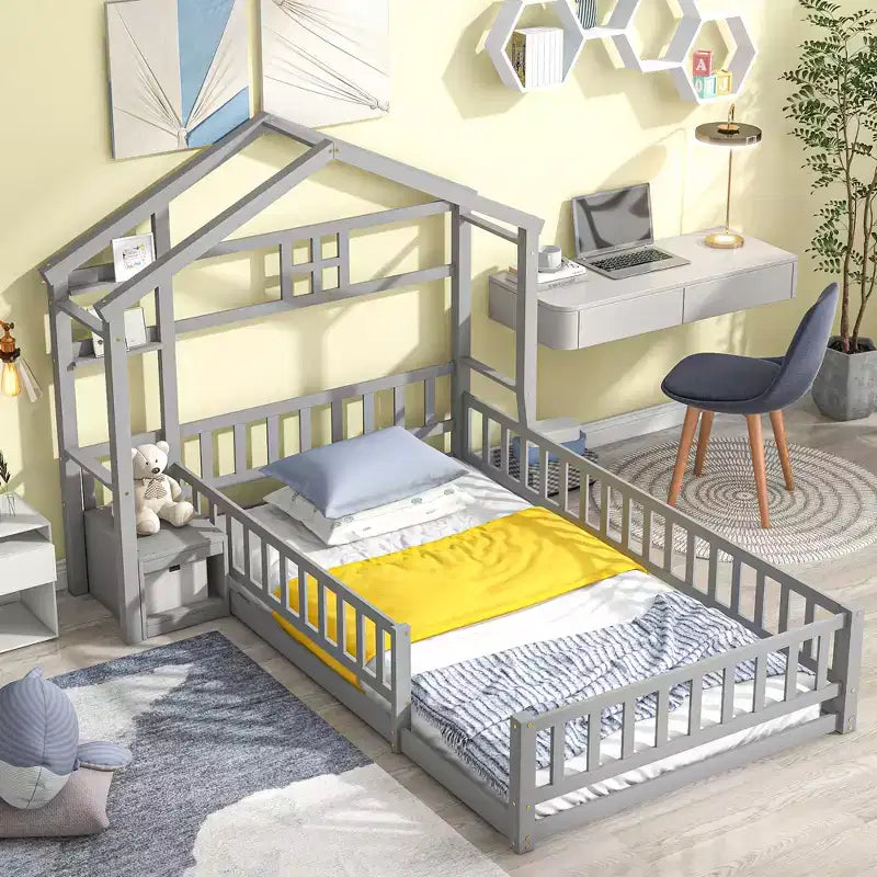 MAYEERTY Twin House Shape Headboard Floor Bed with Guardrails Gray