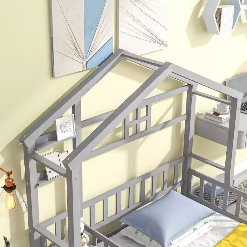MAYEERTY Twin House Shape Headboard Floor Bed with Guardrails Gray