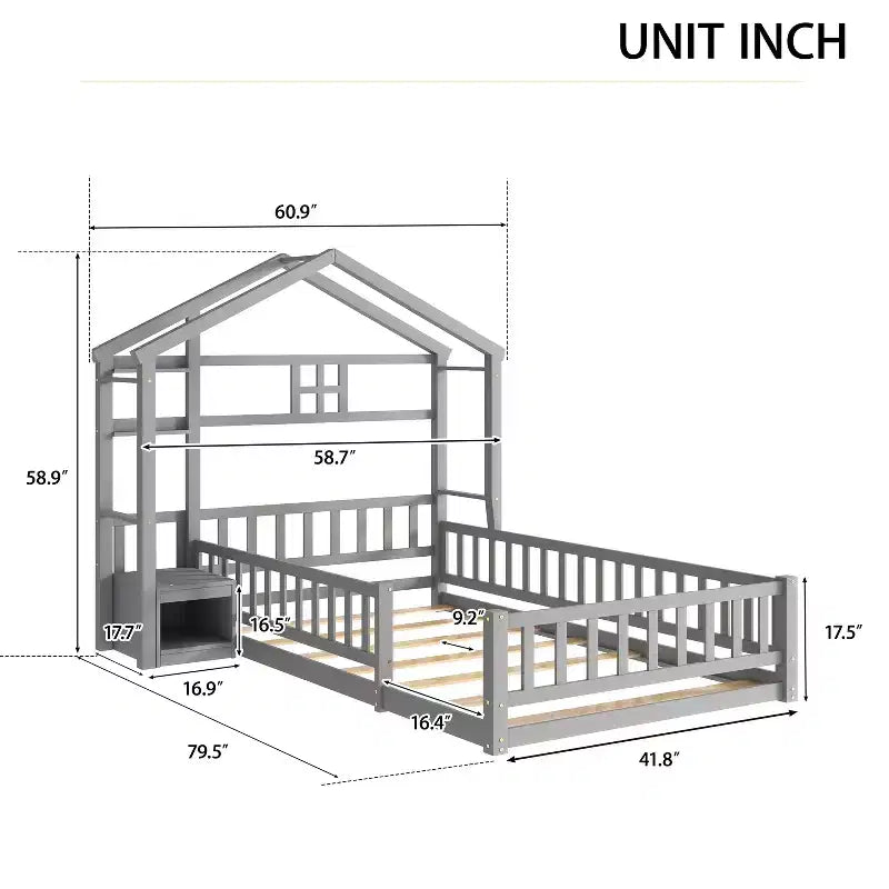 MAYEERTY Twin House Shape Headboard Floor Bed with Guardrails Gray