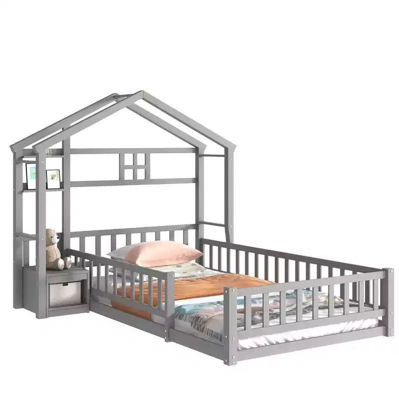 MAYEERTY Twin House Shape Headboard Floor Bed with Guardrails Gray