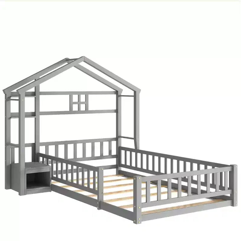 MAYEERTY Twin House Shape Headboard Floor Bed with Guardrails Gray