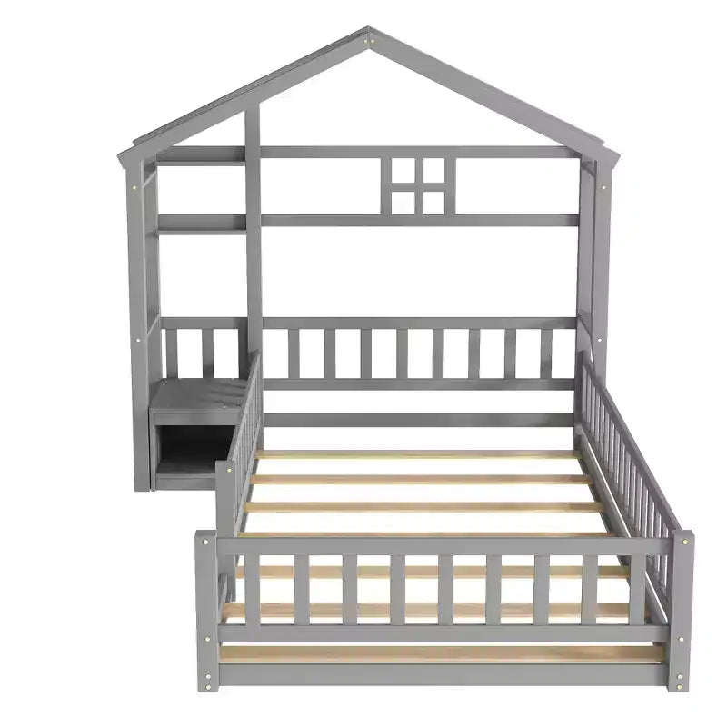 MAYEERTY Twin House Shape Headboard Floor Bed with Guardrails Gray