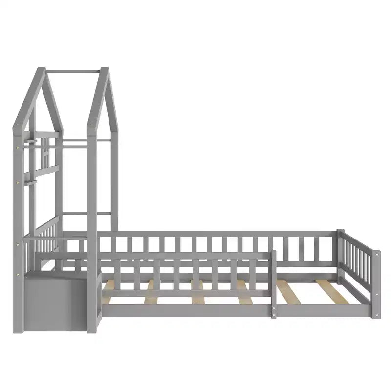 MAYEERTY Twin House Shape Headboard Floor Bed with Guardrails Gray