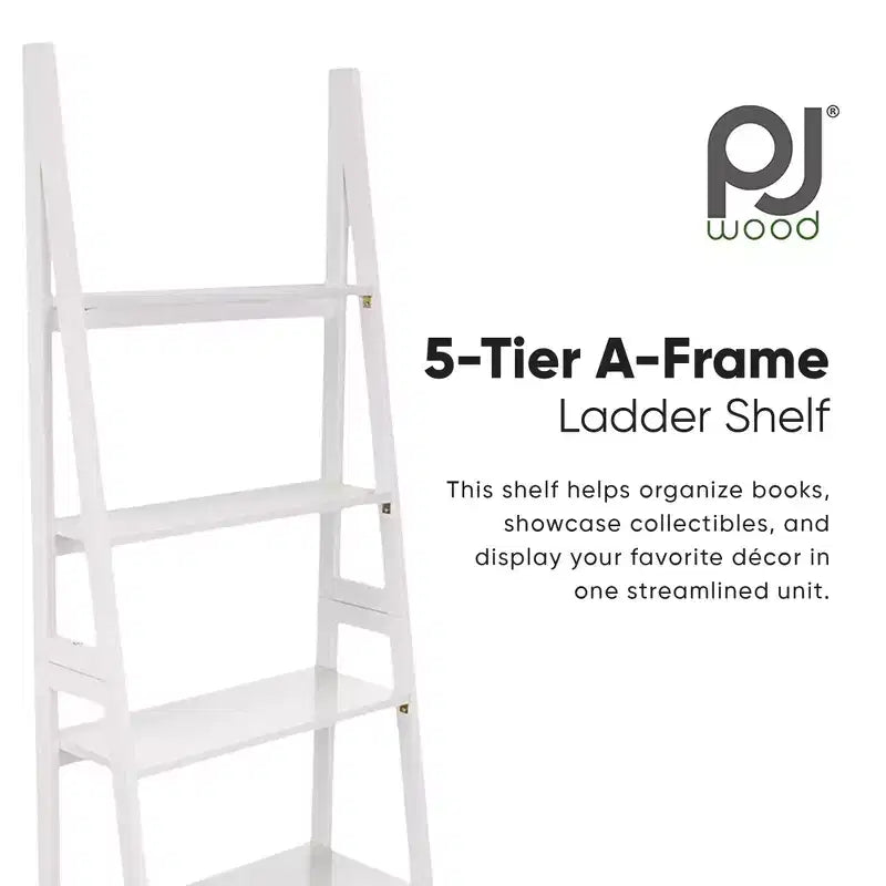 PJ Wood 5 Tier Ladder Shelf Wooden Display Organizer for Books and Dcor Storage Stand for Living Room Office Indoor Use, White