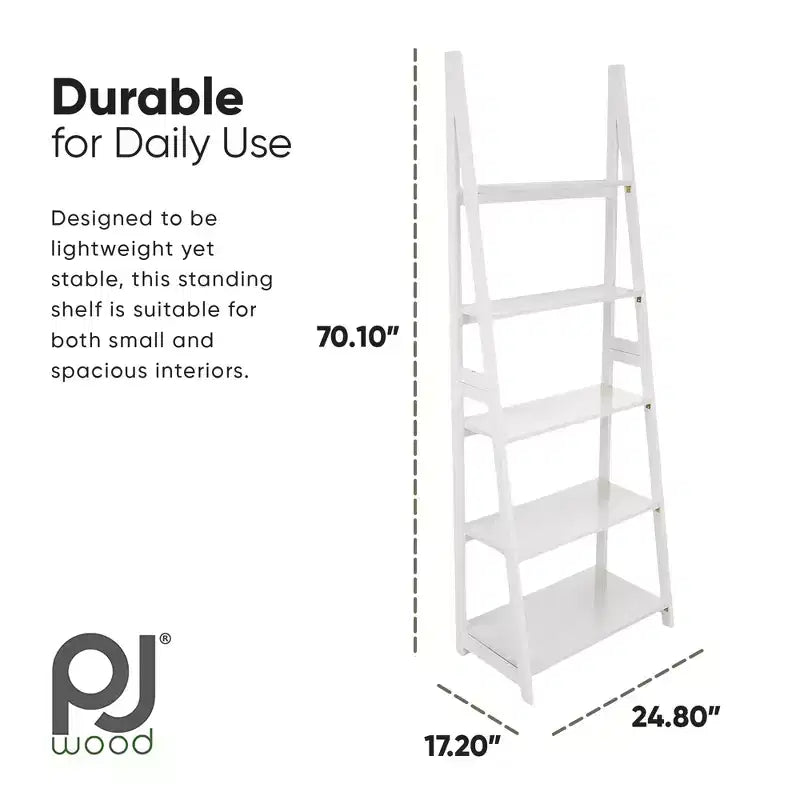 PJ Wood 5 Tier Ladder Shelf Wooden Display Organizer for Books and Dcor Storage Stand for Living Room Office Indoor Use, White