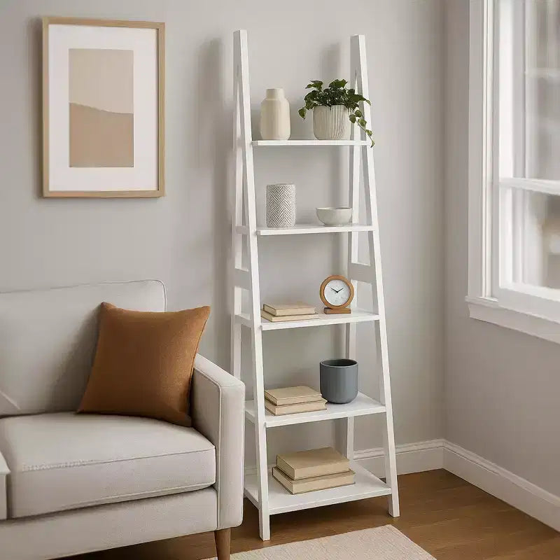 PJ Wood 5 Tier Ladder Shelf Wooden Display Organizer for Books and Dcor Storage Stand for Living Room Office Indoor Use, White