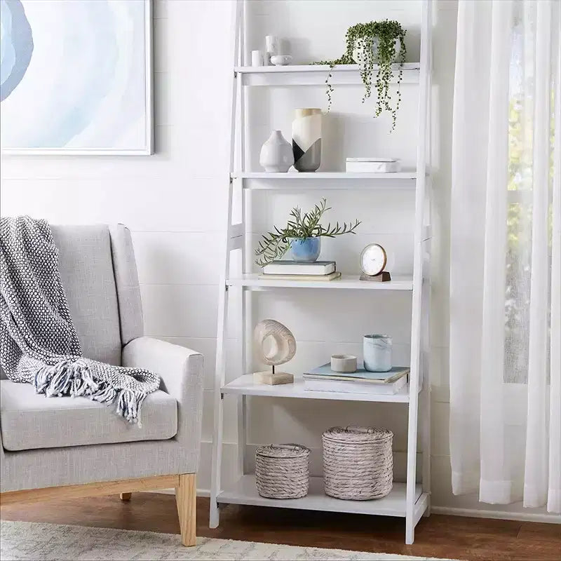 PJ Wood 5 Tier Ladder Shelf Wooden Display Organizer for Books and Dcor Storage Stand for Living Room Office Indoor Use, White