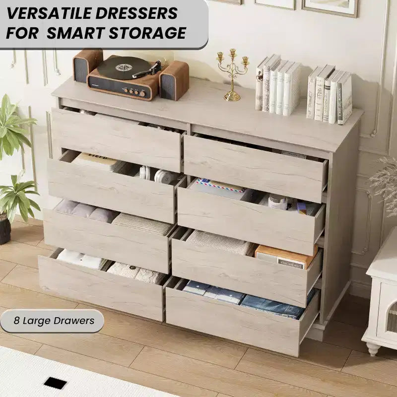 8 Drawer Dressers for Bedroom, Chest of Drawers with Deep Drawers, Large Double Dresser for Closet with Wide Top, Horizontal Wooden Dresser for Living