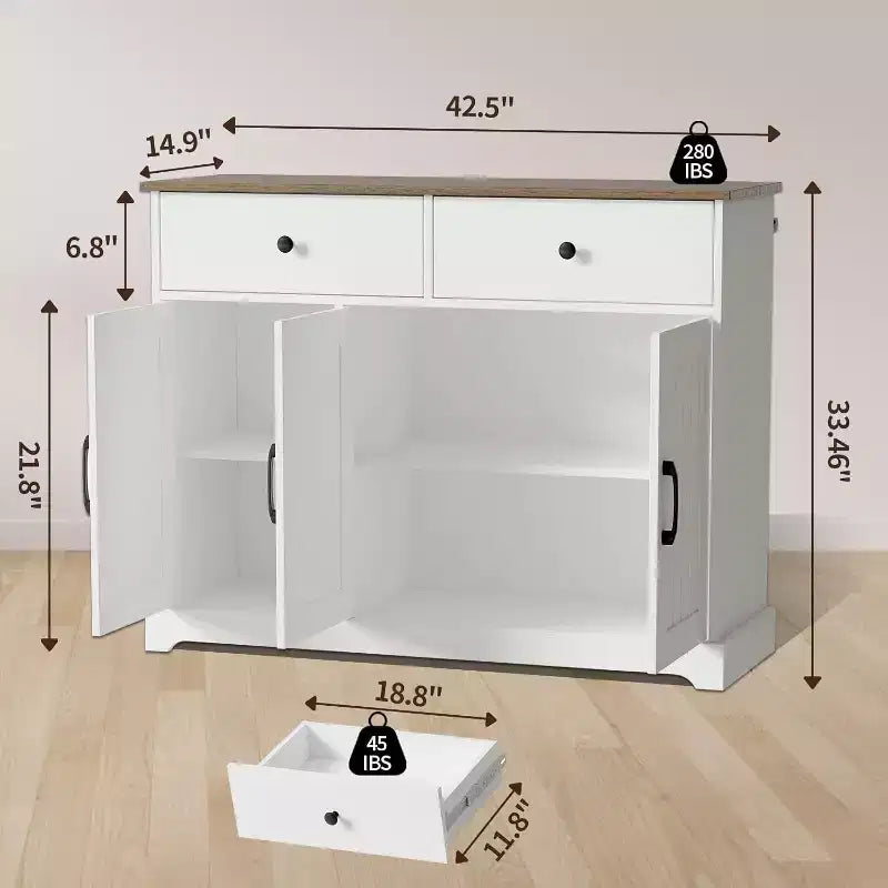 Practical storage cabinet, side panel buffet cabinet with storage room, adjustable shelf and 2 drawers,white