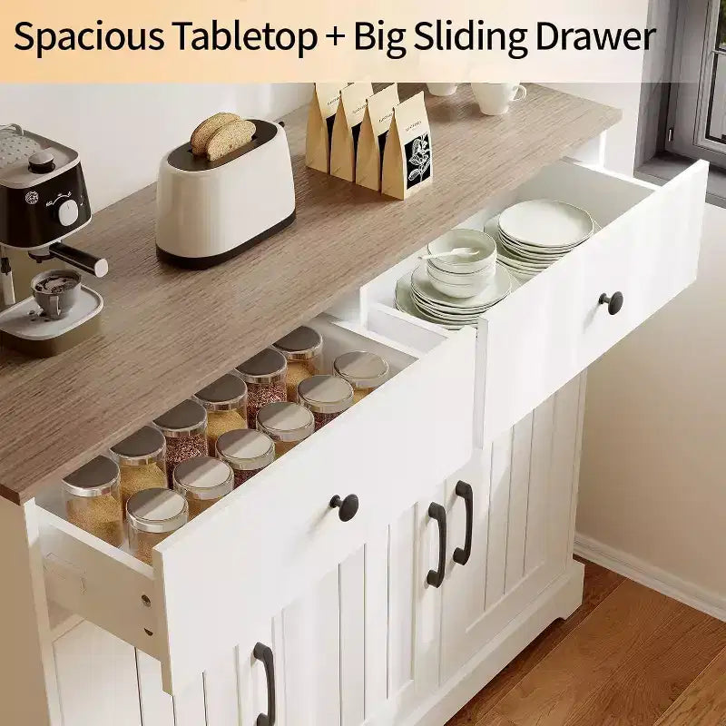 Practical storage cabinet, side panel buffet cabinet with storage room, adjustable shelf and 2 drawers,white