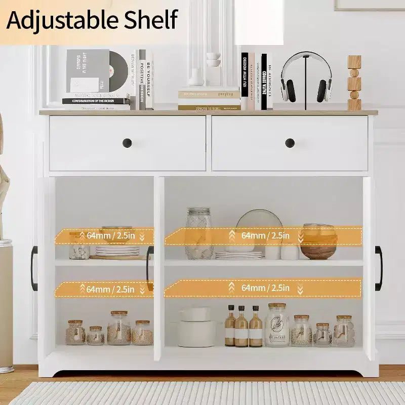 Practical storage cabinet, side panel buffet cabinet with storage room, adjustable shelf and 2 drawers,white