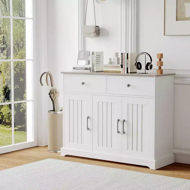Practical storage cabinet, side panel buffet cabinet with storage room, adjustable shelf and 2 drawers,white