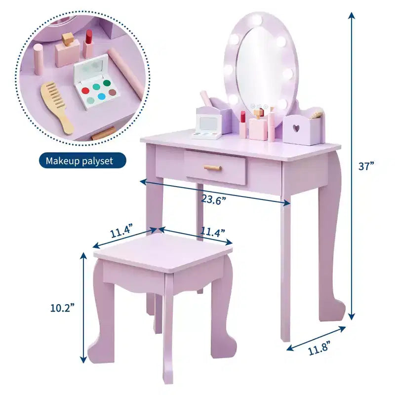 GustoWave Kids Vanity with Mirror and Stool, Girls Vanity with Touch Light and Wood Makeup Playset, Princess Vanity Table for Toddlers