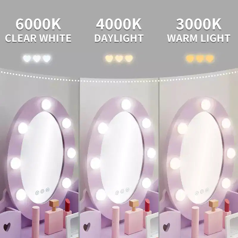 GustoWave Kids Vanity with Mirror and Stool, Girls Vanity with Touch Light and Wood Makeup Playset, Princess Vanity Table for Toddlers