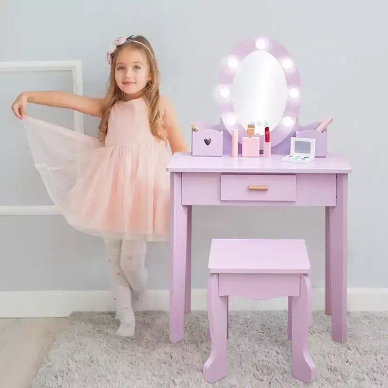 GustoWave Kids Vanity with Mirror and Stool, Girls Vanity with Touch Light and Wood Makeup Playset, Princess Vanity Table for Toddlers