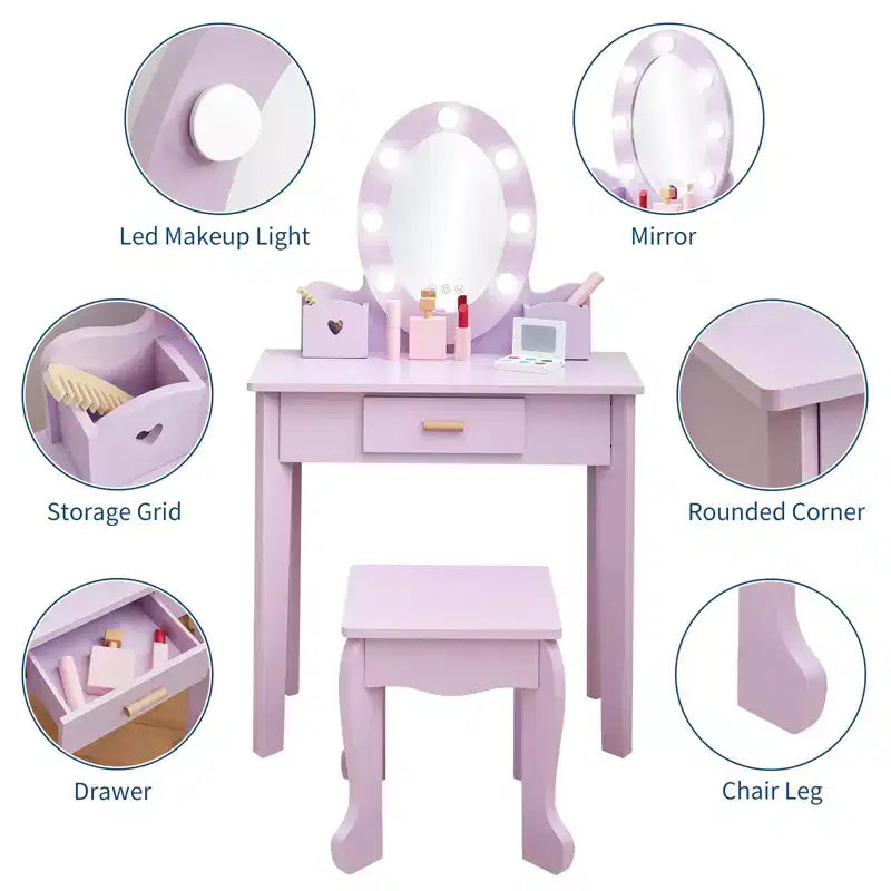 GustoWave Kids Vanity with Mirror and Stool, Girls Vanity with Touch Light and Wood Makeup Playset, Princess Vanity Table for Toddlers