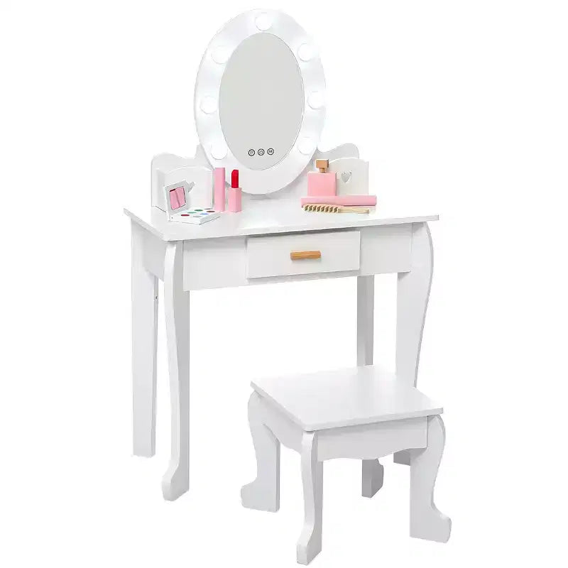 GustoWave Kids Vanity with Mirror and Stool, Girls Vanity with Touch Light and Wood Makeup Playset, Princess Vanity Table for Toddlers