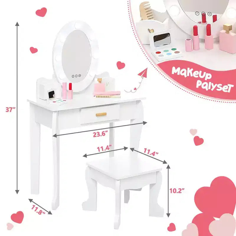 GustoWave Kids Vanity with Mirror and Stool, Girls Vanity with Touch Light and Wood Makeup Playset, Princess Vanity Table for Toddlers