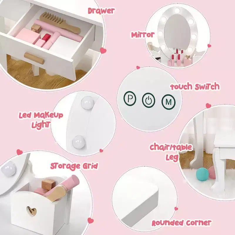 GustoWave Kids Vanity with Mirror and Stool, Girls Vanity with Touch Light and Wood Makeup Playset, Princess Vanity Table for Toddlers