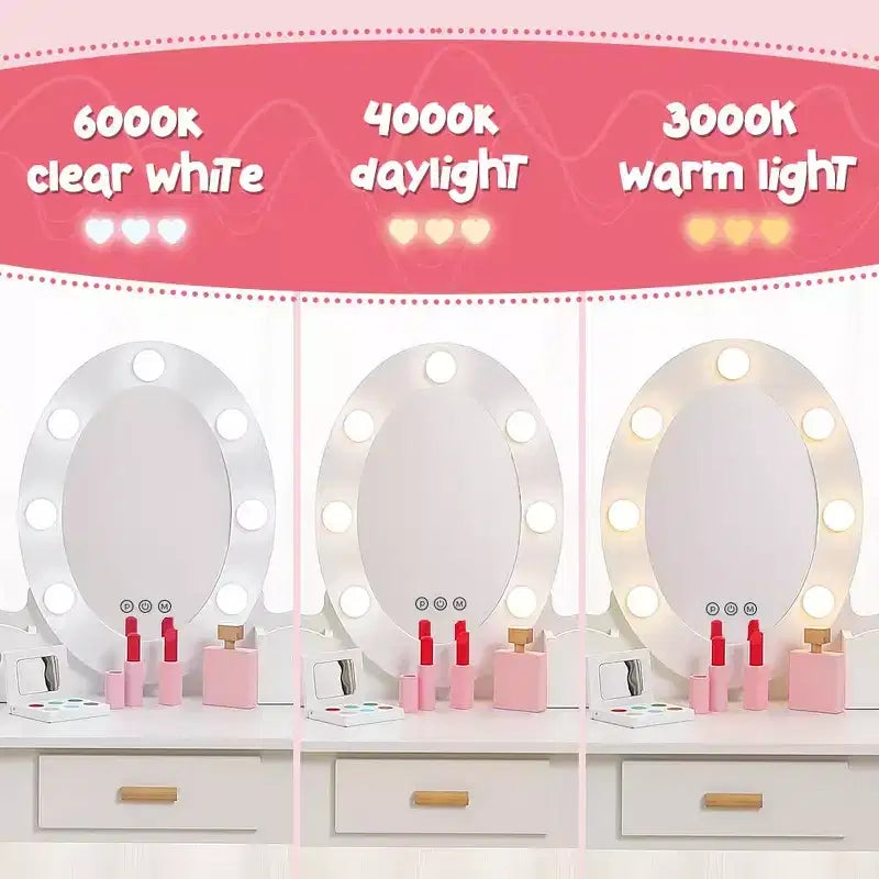 GustoWave Kids Vanity with Mirror and Stool, Girls Vanity with Touch Light and Wood Makeup Playset, Princess Vanity Table for Toddlers