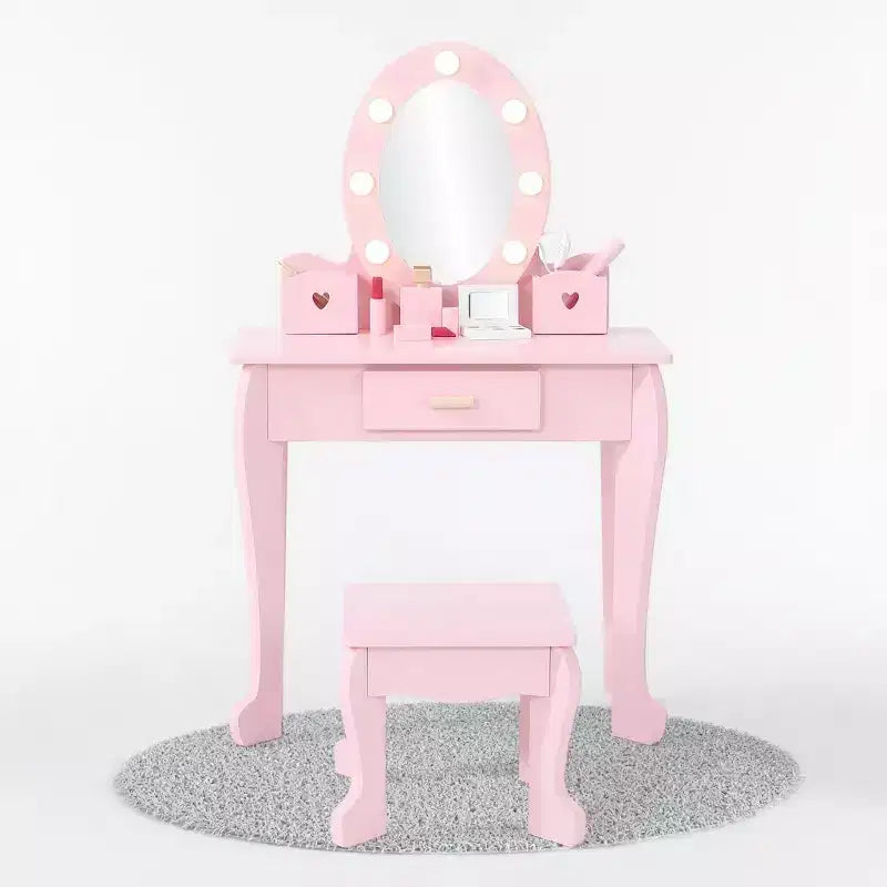 GustoWave Kids Vanity with Mirror and Stool, Girls Vanity with Touch Light and Wood Makeup Playset, Princess Vanity Table for Toddlers
