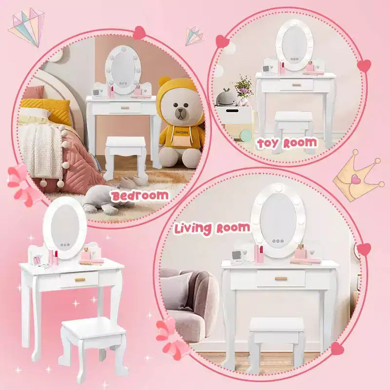 GustoWave Kids Vanity with Mirror and Stool, Girls Vanity with Touch Light and Wood Makeup Playset, Princess Vanity Table for Toddlers
