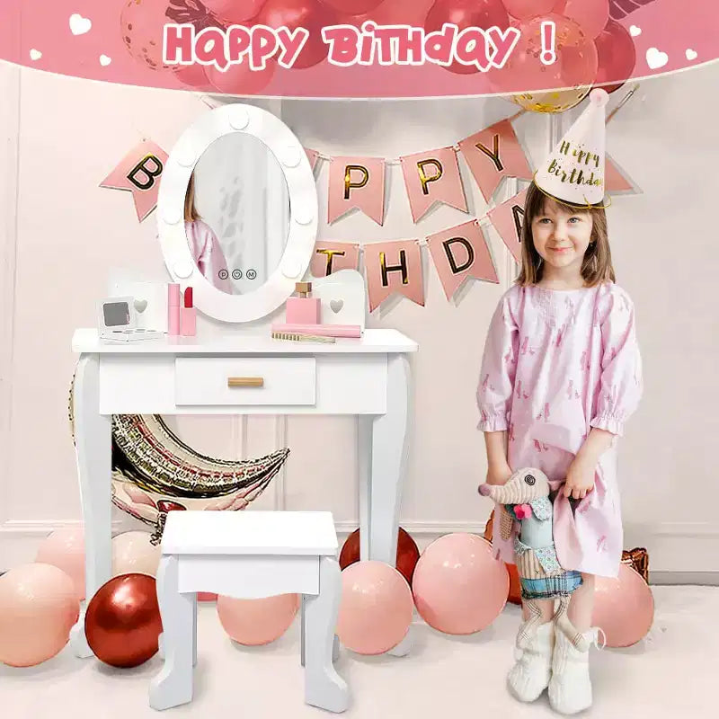 GustoWave Kids Vanity with Mirror and Stool, Girls Vanity with Touch Light and Wood Makeup Playset, Princess Vanity Table for Toddlers