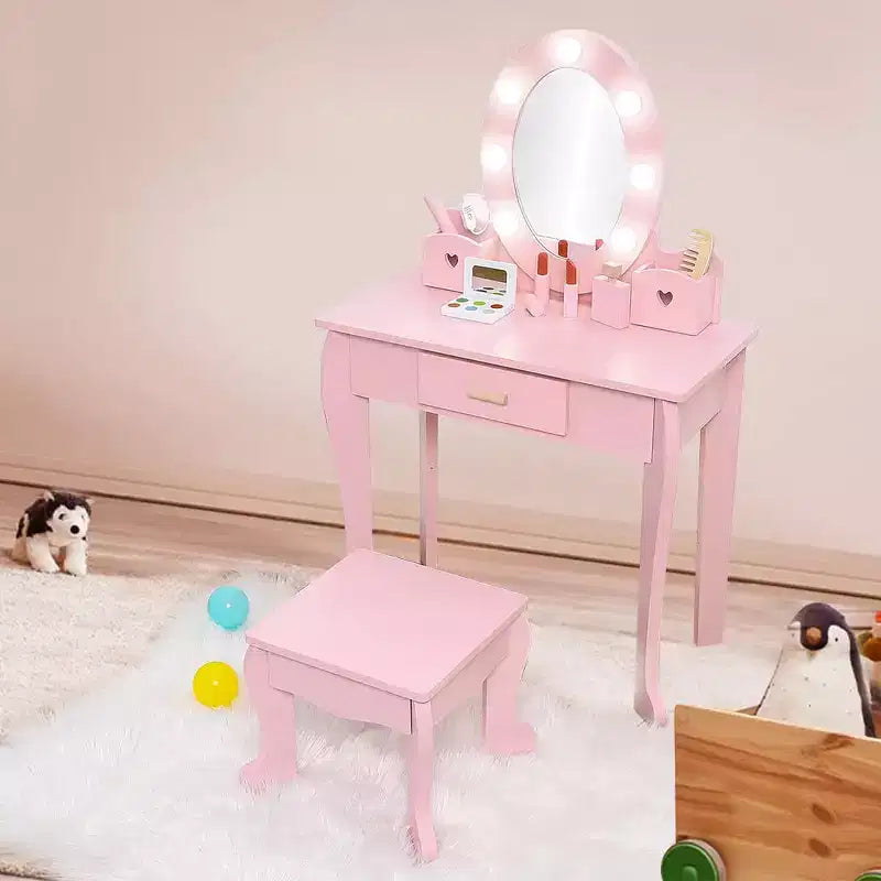 GustoWave Kids Vanity with Mirror and Stool, Girls Vanity with Touch Light and Wood Makeup Playset, Princess Vanity Table for Toddlers