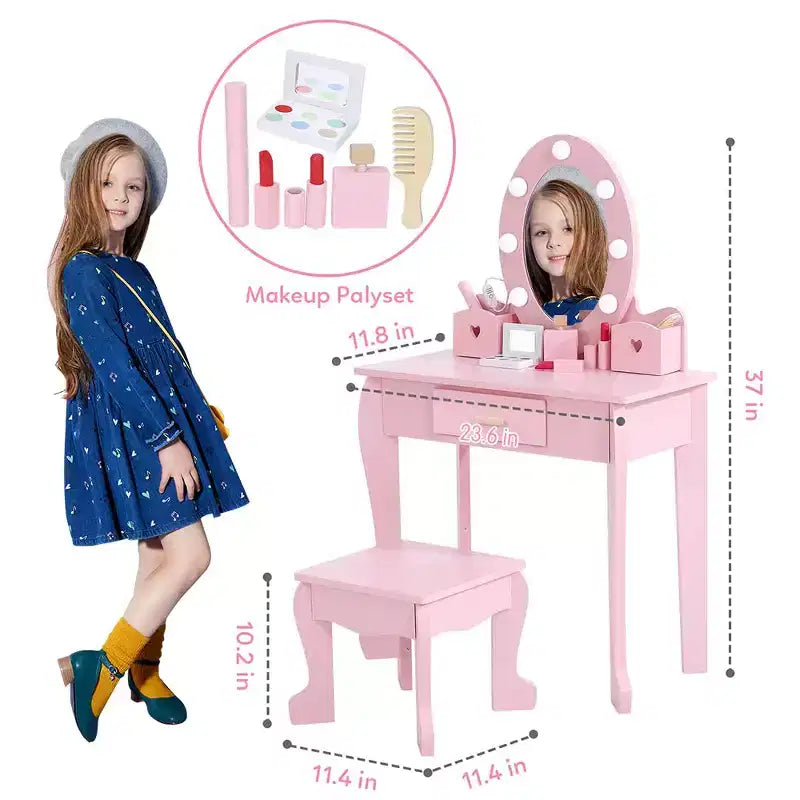 GustoWave Kids Vanity with Mirror and Stool, Girls Vanity with Touch Light and Wood Makeup Playset, Princess Vanity Table for Toddlers