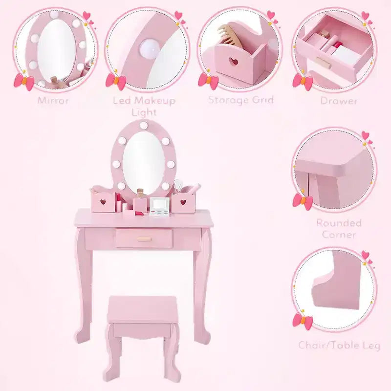 GustoWave Kids Vanity with Mirror and Stool, Girls Vanity with Touch Light and Wood Makeup Playset, Princess Vanity Table for Toddlers