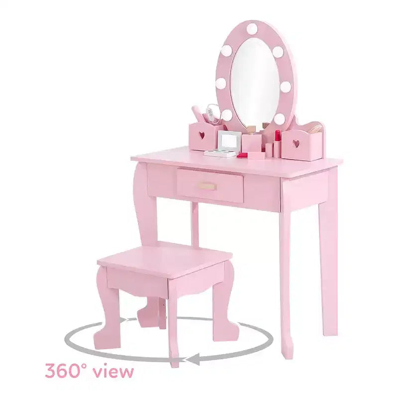 GustoWave Kids Vanity with Mirror and Stool, Girls Vanity with Touch Light and Wood Makeup Playset, Princess Vanity Table for Toddlers
