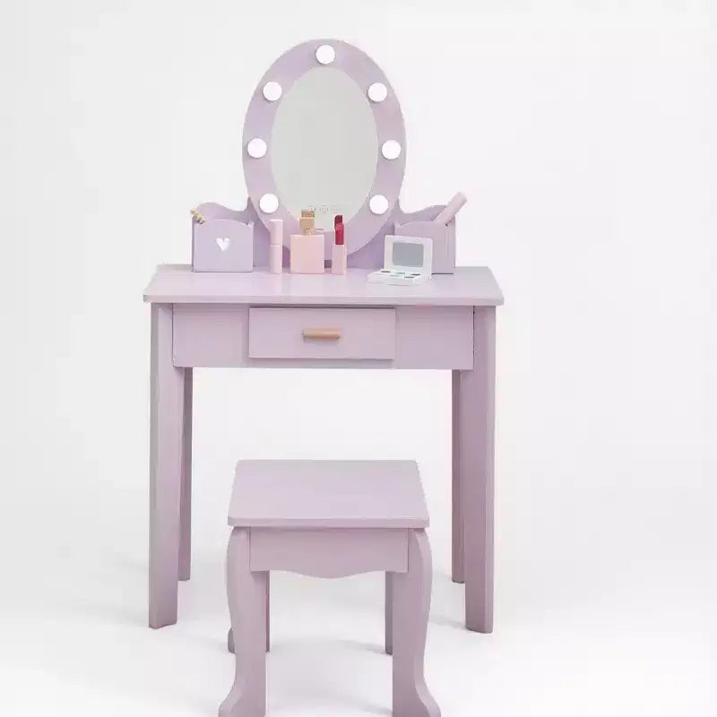 GustoWave Kids Vanity with Mirror and Stool, Girls Vanity with Touch Light and Wood Makeup Playset, Princess Vanity Table for Toddlers