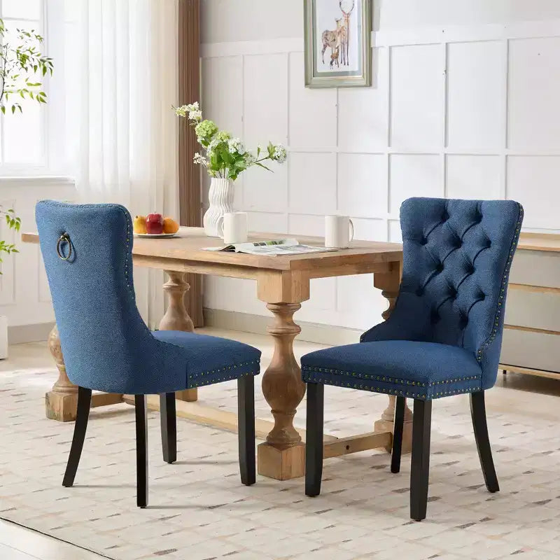 CLIHOME Set of 2 High-end Tufted Solid Wood Contemporary Flax Upholstered Linen Dining Chair with Wood Legs Nailhead Trim