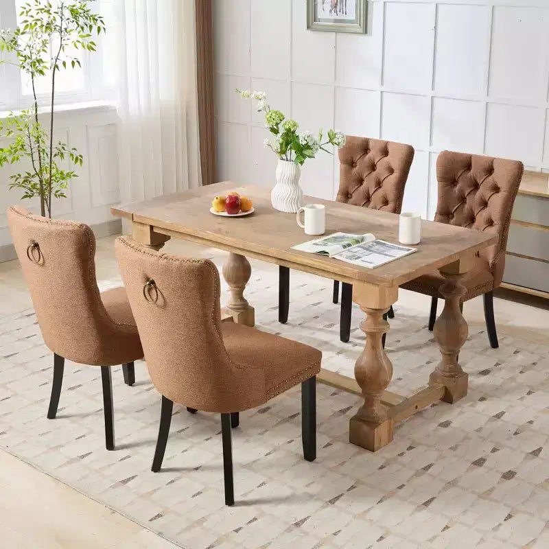 CLIHOME Set of 2 High-end Tufted Solid Wood Contemporary Flax Upholstered Linen Dining Chair with Wood Legs Nailhead Trim
