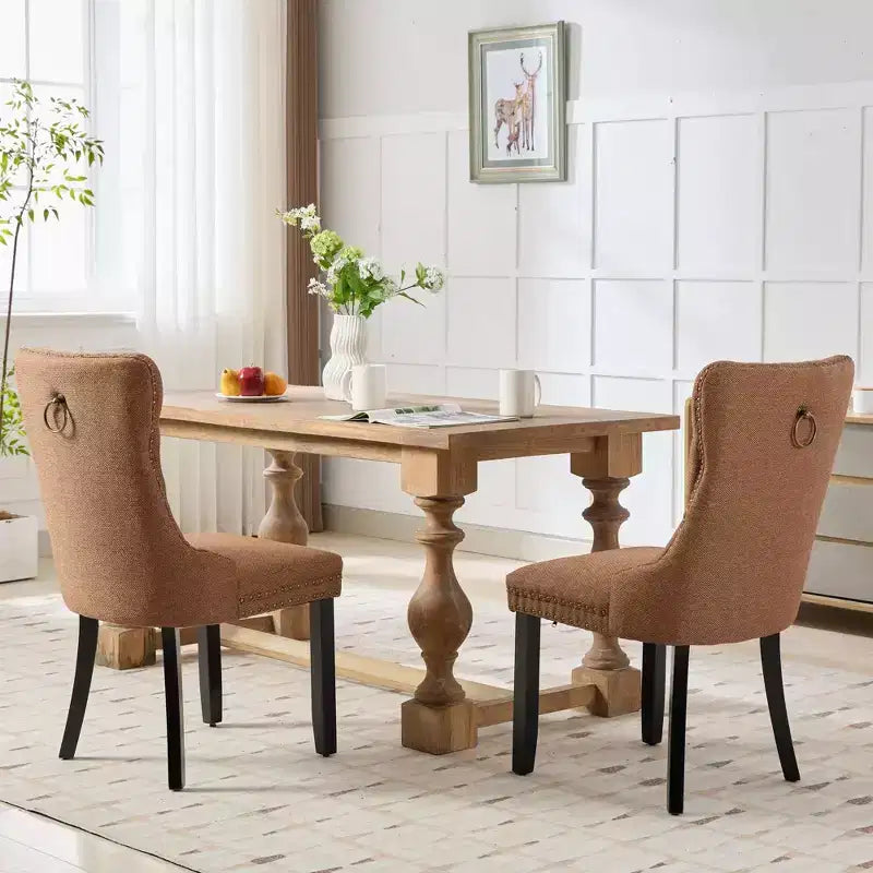CLIHOME Set of 2 High-end Tufted Solid Wood Contemporary Flax Upholstered Linen Dining Chair with Wood Legs Nailhead Trim