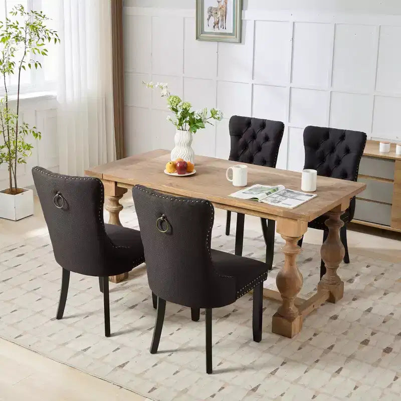 CLIHOME Set of 2 High-end Tufted Solid Wood Contemporary Flax Upholstered Linen Dining Chair with Wood Legs Nailhead Trim