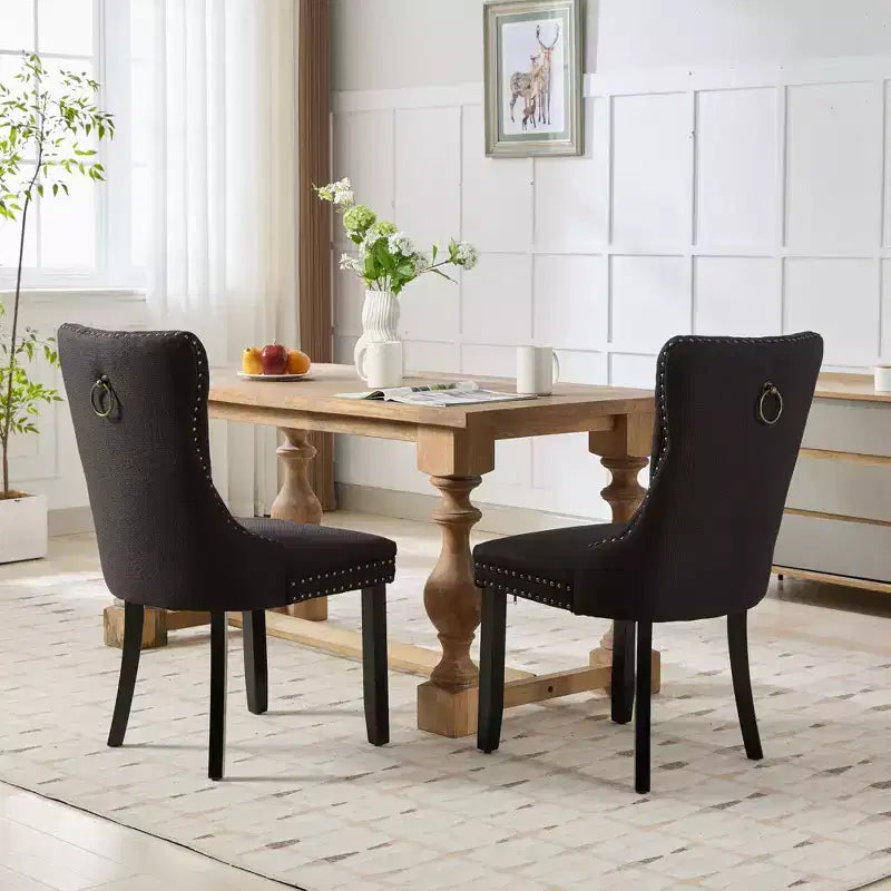 CLIHOME Set of 2 High-end Tufted Solid Wood Contemporary Flax Upholstered Linen Dining Chair with Wood Legs Nailhead Trim
