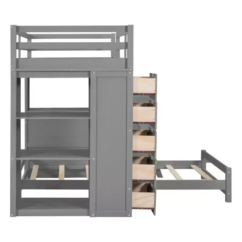Whisen Twin over twin Bunk Bed with Drawers, Shelves, Desk, LED Light and Charging Ports