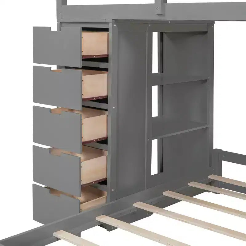 Whisen Twin over twin Bunk Bed with Drawers, Shelves, Desk, LED Light and Charging Ports