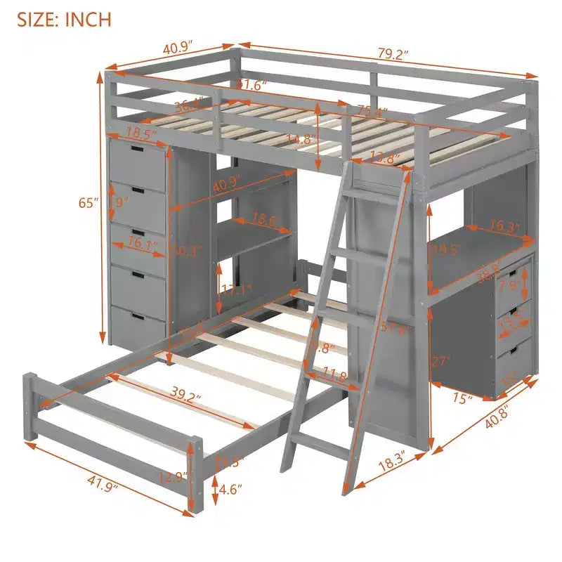 Whisen Twin over twin Bunk Bed with Drawers, Shelves, Desk, LED Light and Charging Ports
