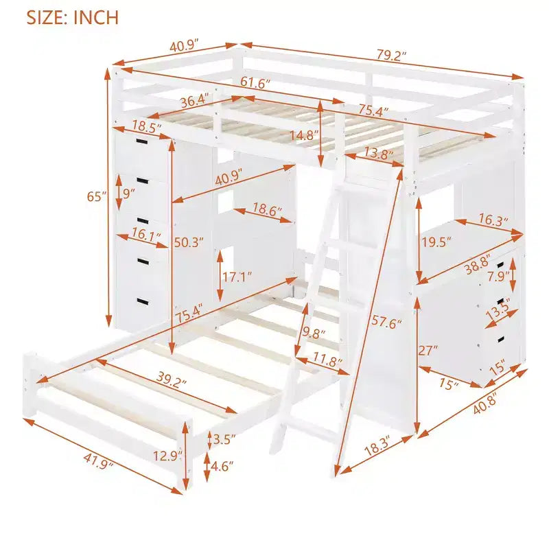 Whisen Twin over twin Bunk Bed with Drawers, Shelves, Desk, LED Light and Charging Ports