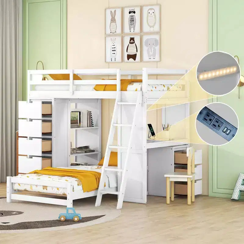 Whisen Twin over twin Bunk Bed with Drawers, Shelves, Desk, LED Light and Charging Ports