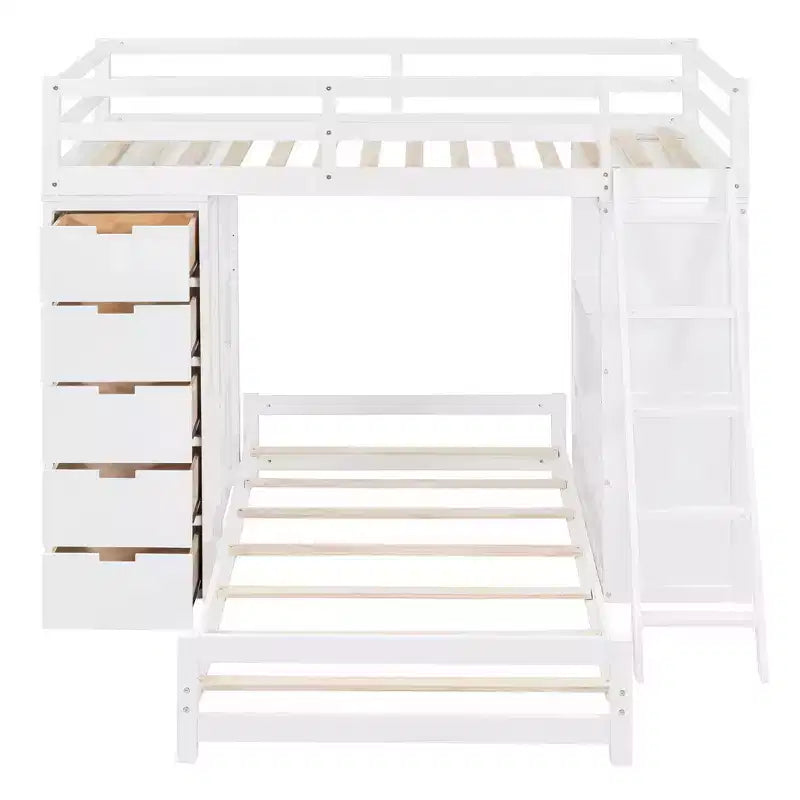Whisen Twin over twin Bunk Bed with Drawers, Shelves, Desk, LED Light and Charging Ports