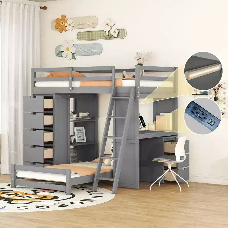 Whisen Twin over twin Bunk Bed with Drawers, Shelves, Desk, LED Light and Charging Ports