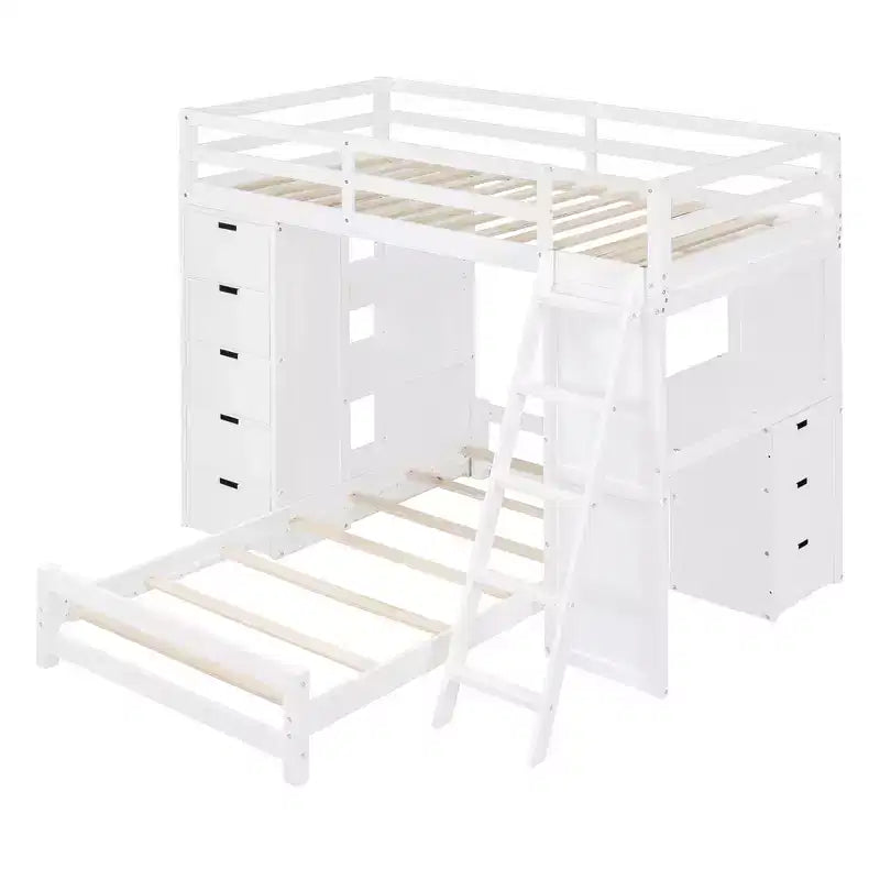 Whisen Twin over twin Bunk Bed with Drawers, Shelves, Desk, LED Light and Charging Ports