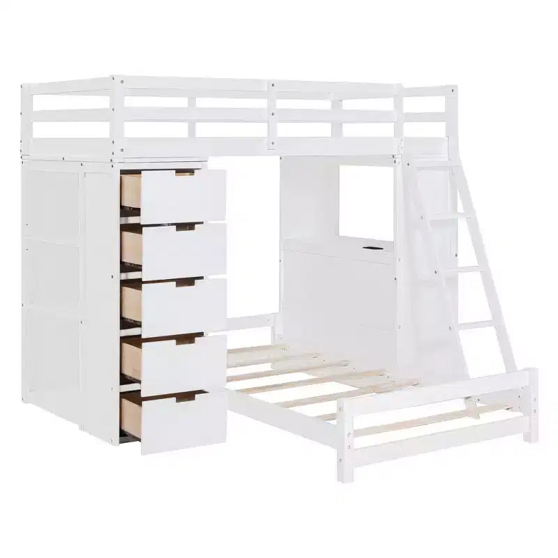 Whisen Twin over twin Bunk Bed with Drawers, Shelves, Desk, LED Light and Charging Ports