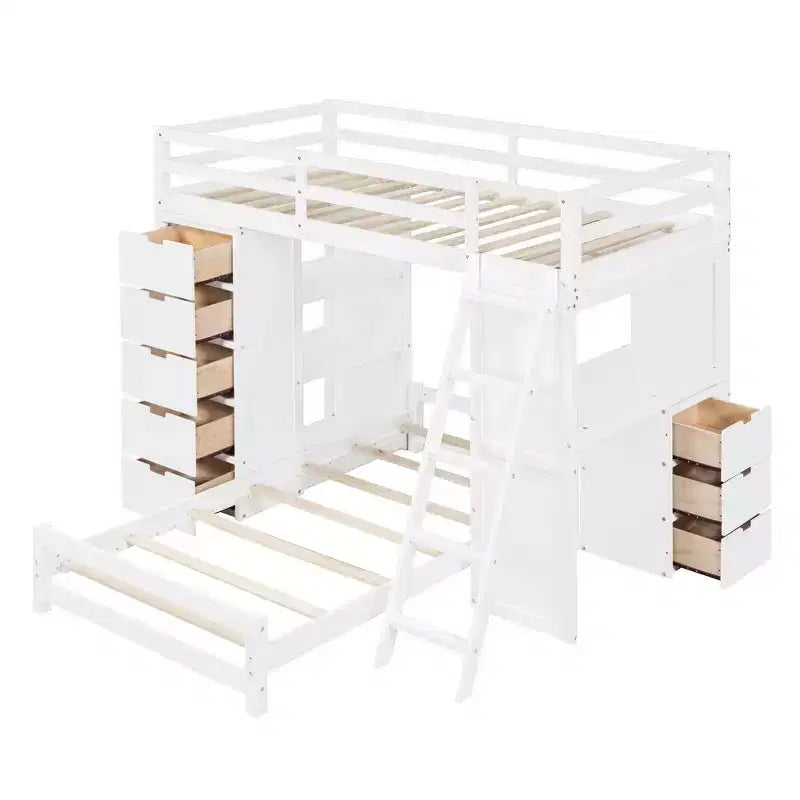 Whisen Twin over twin Bunk Bed with Drawers, Shelves, Desk, LED Light and Charging Ports